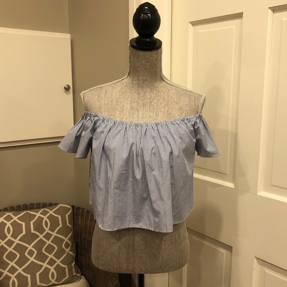 Forever 21 Blue/White Stripe Off Shoulder Crop Top
